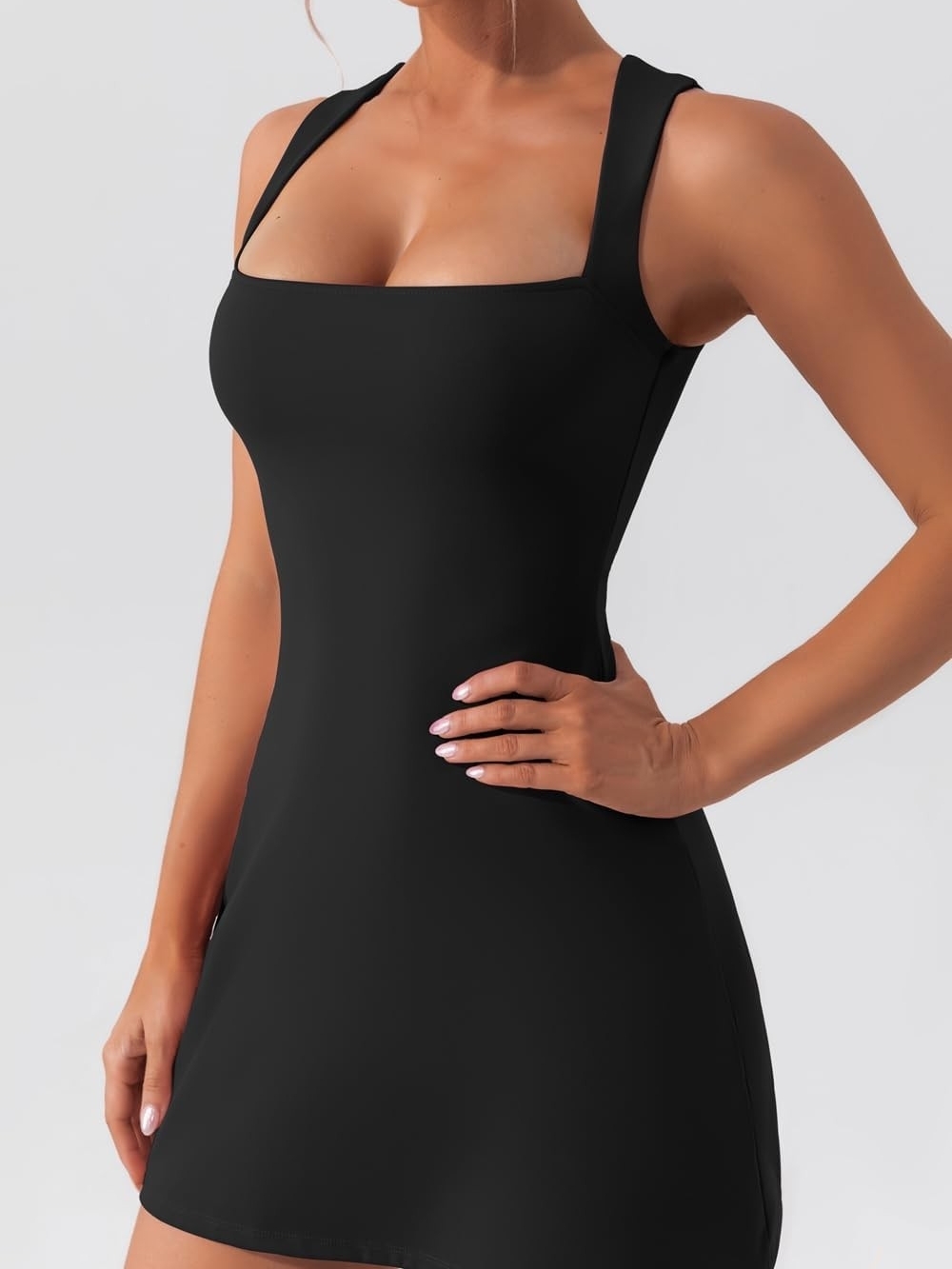 Bodycon Sexy Sleek Black Square-Neck Slip Dress
